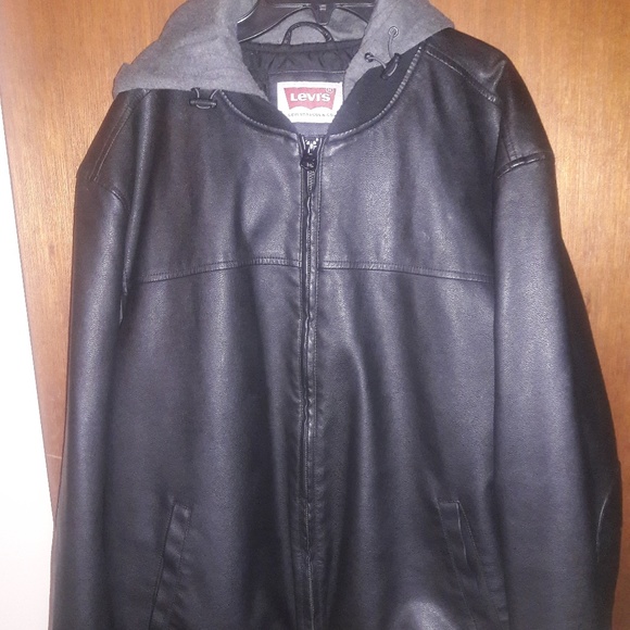 LEVI BLACK HOIDED LEATHER JACKET - Picture 1 of 4
